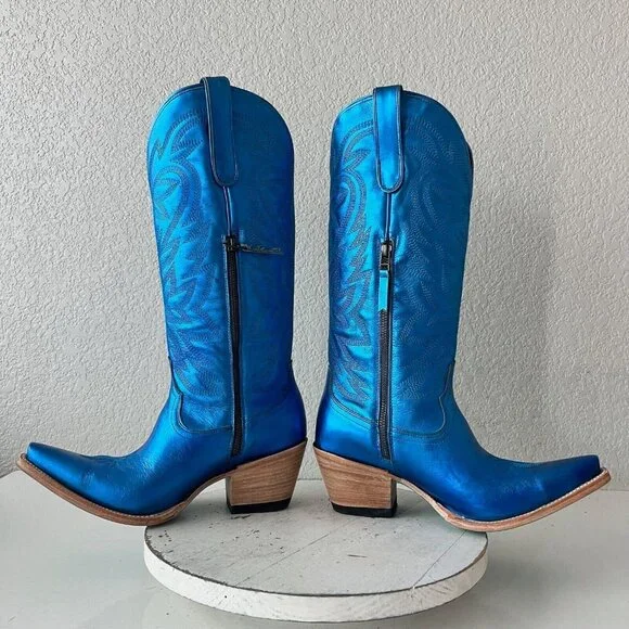 NEW Lane SMOKESHOW Womens Cowboy Boots 10 Blue Metallic Western Cowgirl Mid Calf